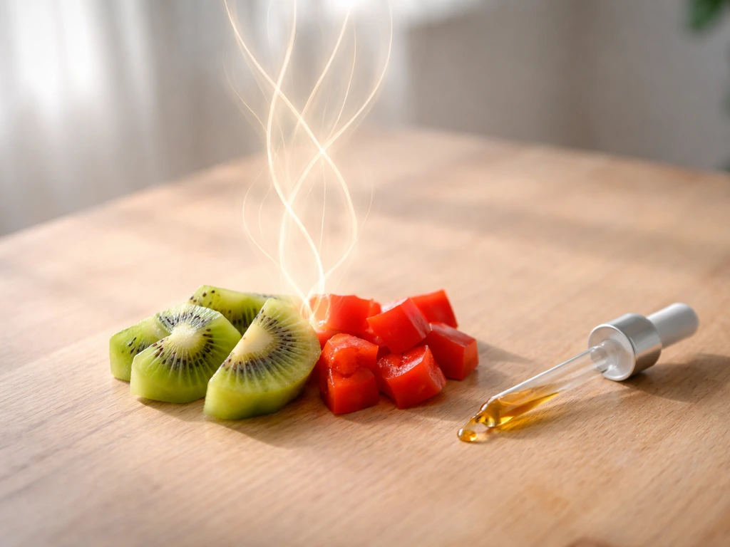 Kiwi and red bell pepper on a wooden table with soft glowing fibrous collagen-like strands rising.