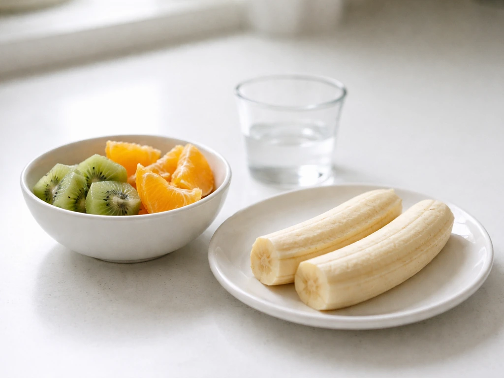 Banana and sliced fruit portion on a clean countertop with a small measuring cup for serving size