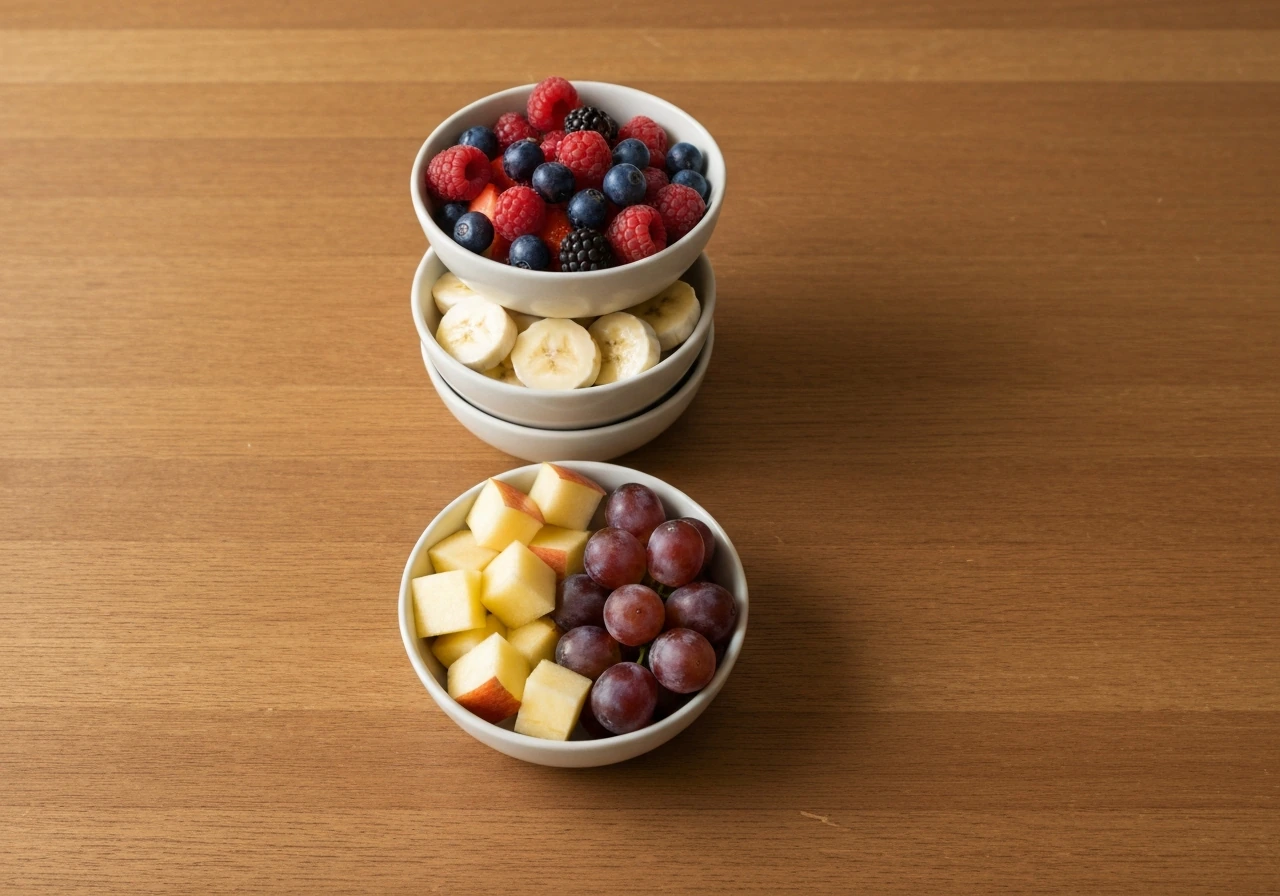 Three simple bowls of fruit portions stacked for a daily snack plan.