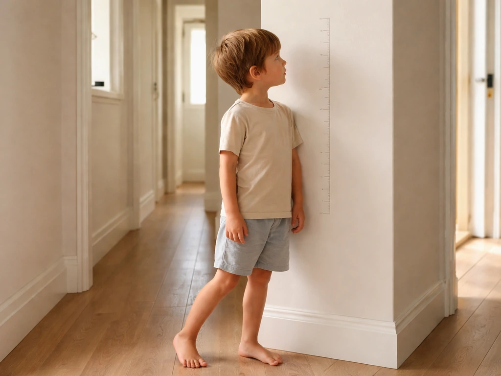 Child standing beside a height-measuring wall ruler with growth marks in a bright home hallway.
