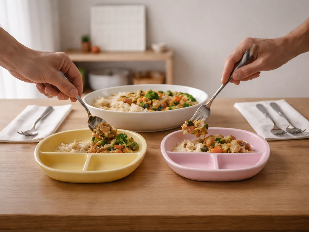 Simple dining table with shared portions on different plates, suggesting limited resources with multiple children.