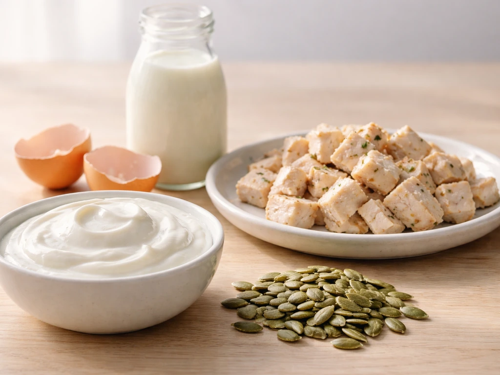 Close-up still life of protein, calcium, vitamin D–fortified, and zinc-rich foods arranged neatly for nutrition.