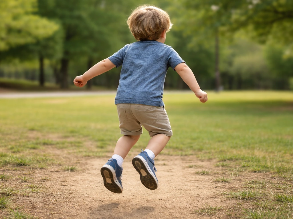 Child mid-jump outdoors with running shoes on, showing weight-bearing motion for healthy growth.