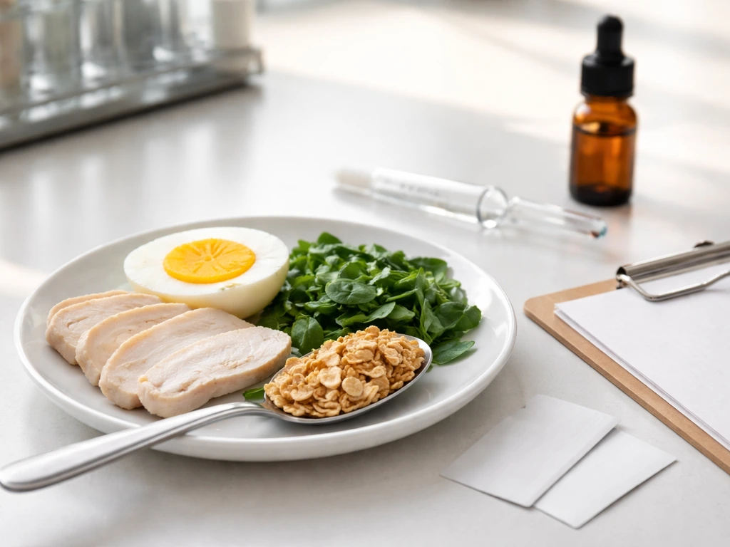 Close-up of eggs, leafy greens, and cereal with nearby lab pipette and blank clipboard on a clean table.