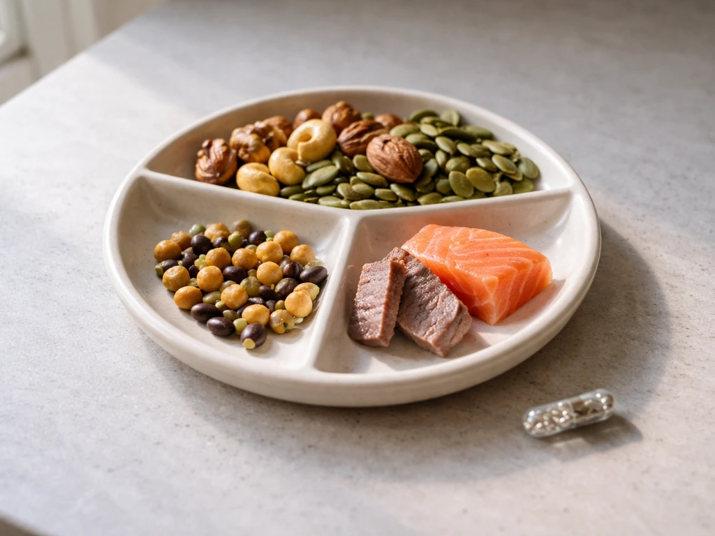 Still-life plate of zinc-rich foods with a small clear zinc supplement capsule beside it.