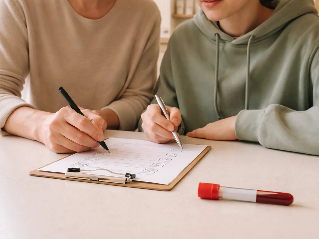 Parent and teen at kitchen table reviewing a simple checklist beside a blood test tube, preparing lab work.