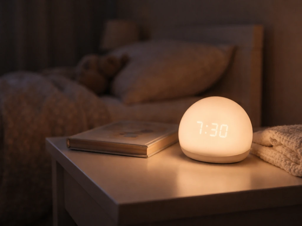 Child’s bedtime nightstand with an illuminated clock and quiet dark room for sleep timing.