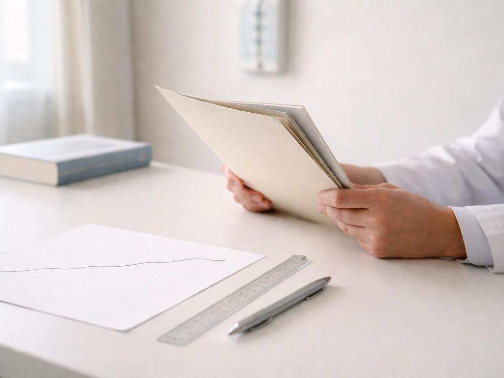 Minimal clinical desk scene showing an anonymous clinician reviewing a child’s growth-related paperwork