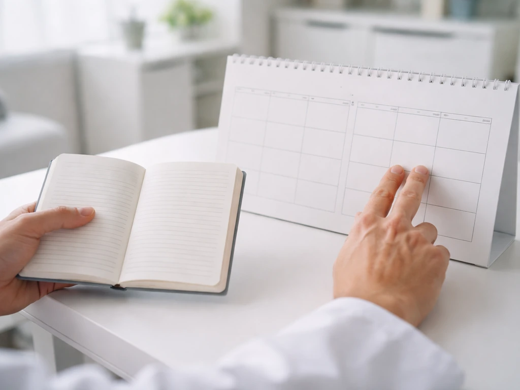 Minimal photo showing two clinicians’ hands pointing at simple calendar blocks to suggest timing and outcomes
