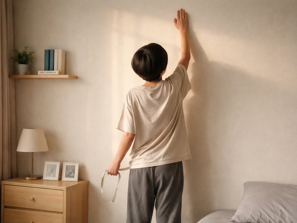 Teen in a simple bedroom stretching toward a wall height mark with warm morning light