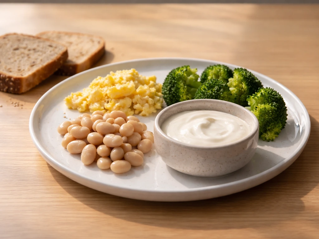 Plate of balanced foods with dairy, beans, eggs, and whole grains suggesting growth nutrition