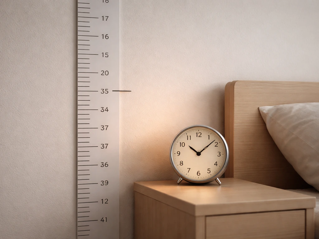 Child’s height mark on a wall-measuring chart beside a simple bedside clock, linking sleep and growth