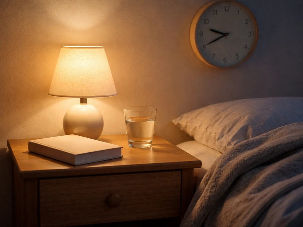 Minimal nightstand bedtime setup with dim lamp, calming bedding, and a wall clock suggesting consistent sleep timing.