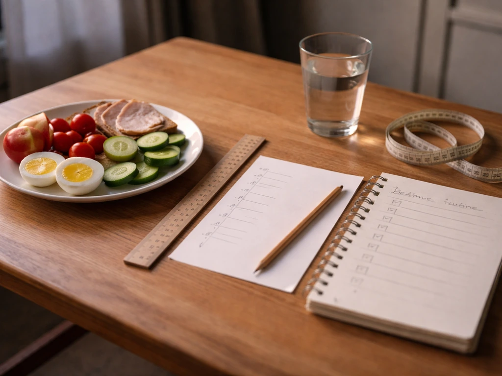 Minimal checklist scene: balanced food plate, paper growth notes with ruler, and bedtime schedule on notebook.