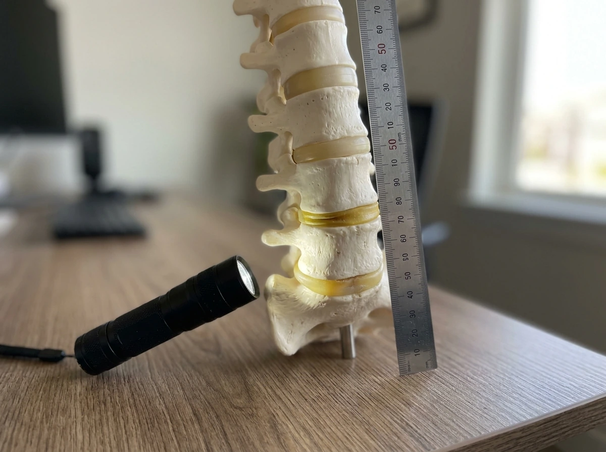Anatomical spine model highlighting compressed intervertebral disc space