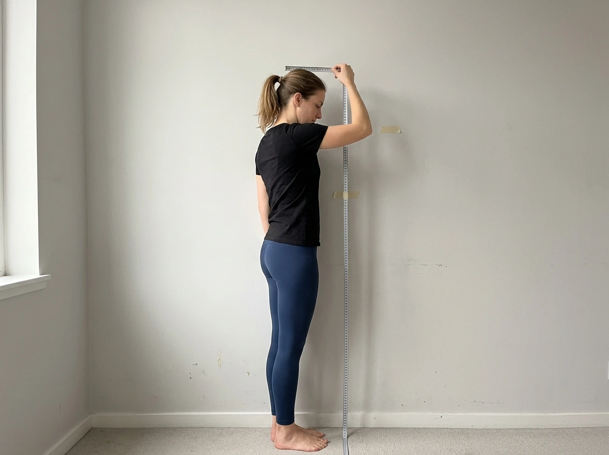 Wall measurement setup showing heels against a wall and tape at the top of the head