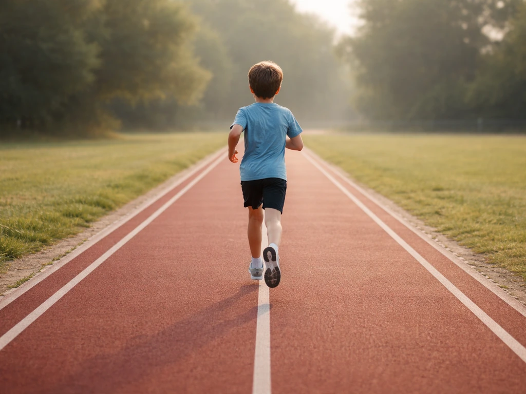 Child running on a quiet outdoor track, motion blur, daylight, simple scene about exercise and growth