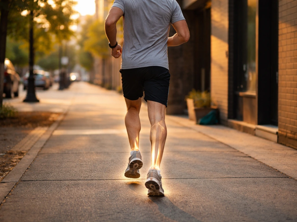 Runner mid-stride on a sidewalk with subtle, non-text bone-strength visual cues nearby.