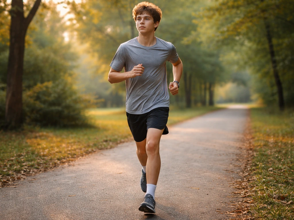 Teen runner in athletic wear jogging on a quiet path outdoors, emphasizing relaxed form and pacing.