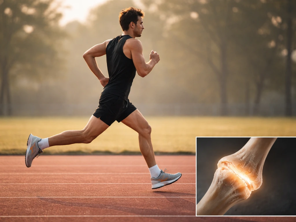 Runner mid-stride beside a subtle growth-plate bone tissue visual concept, myth-busting evidence theme.