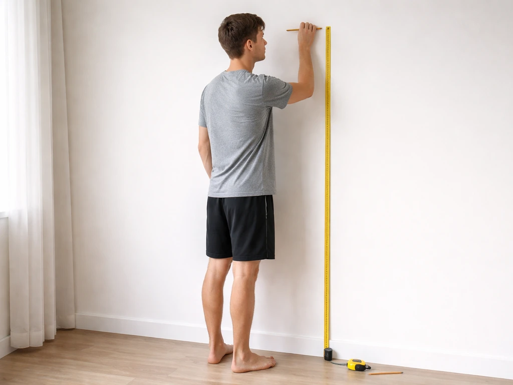 Person measuring barefoot height against a blank wall height guide with a tape measure.