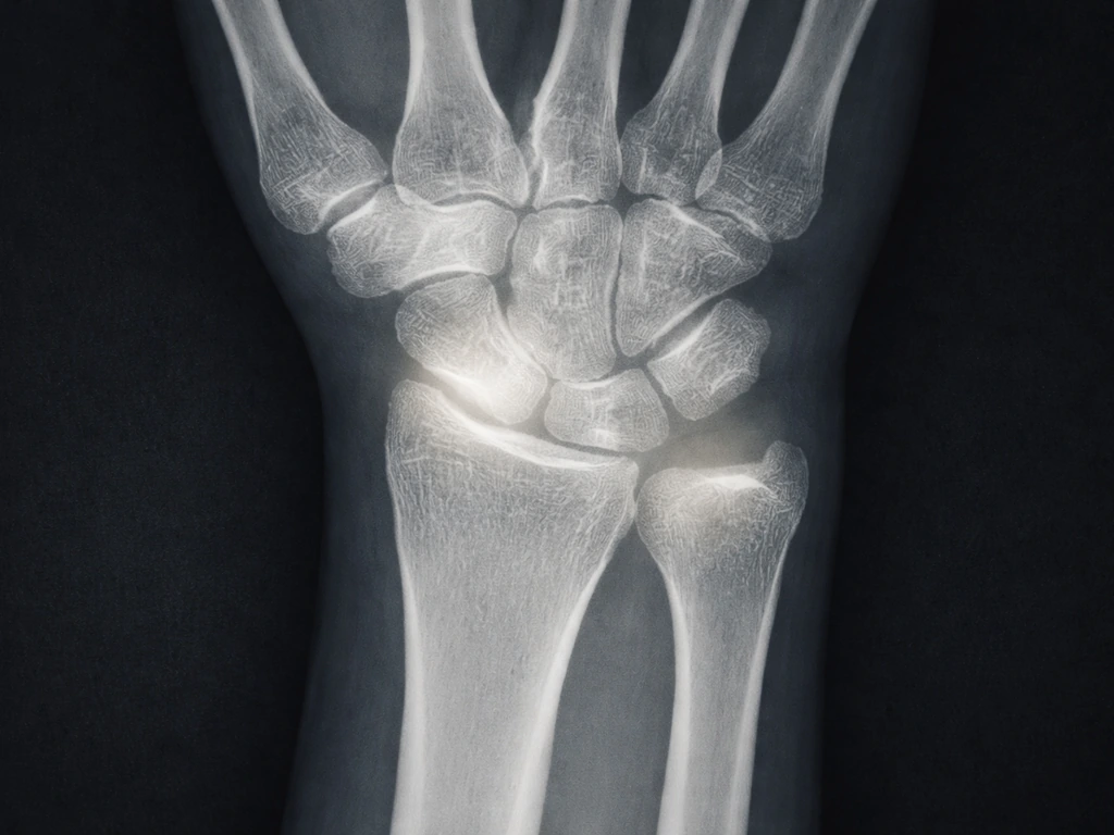 Macro-style X-ray view of a wrist with growth plates near closure highlighted in the growth-plate region.