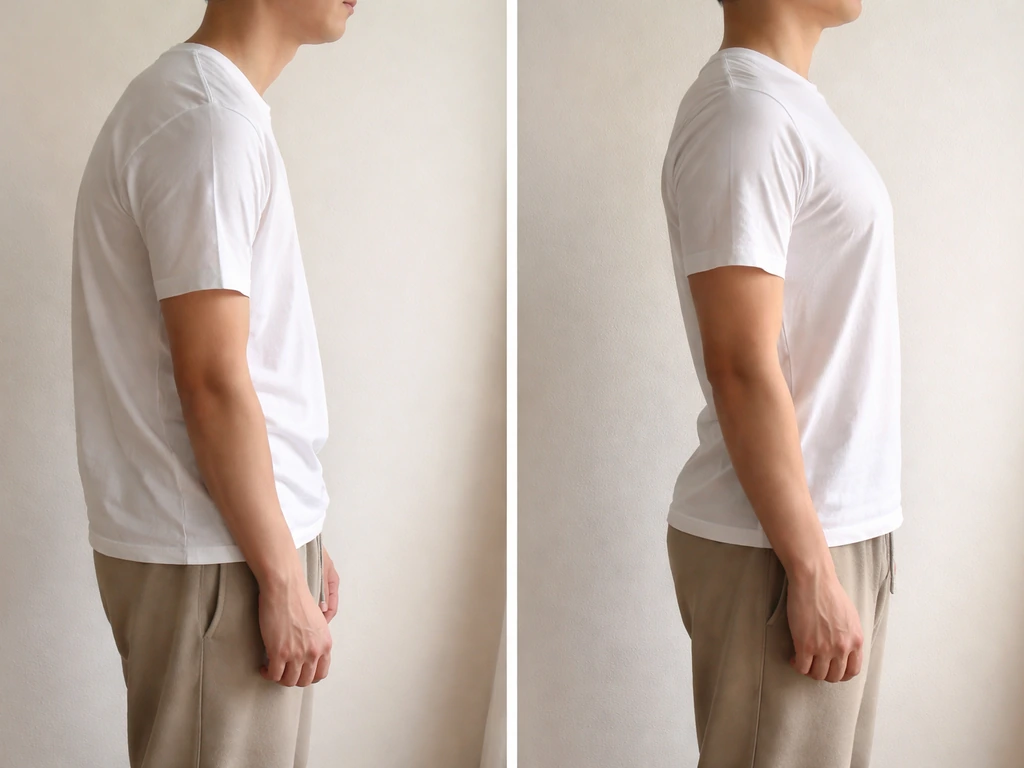 Two-panel photo showing slouched vs corrected posture on the same body, emphasizing height appearance change