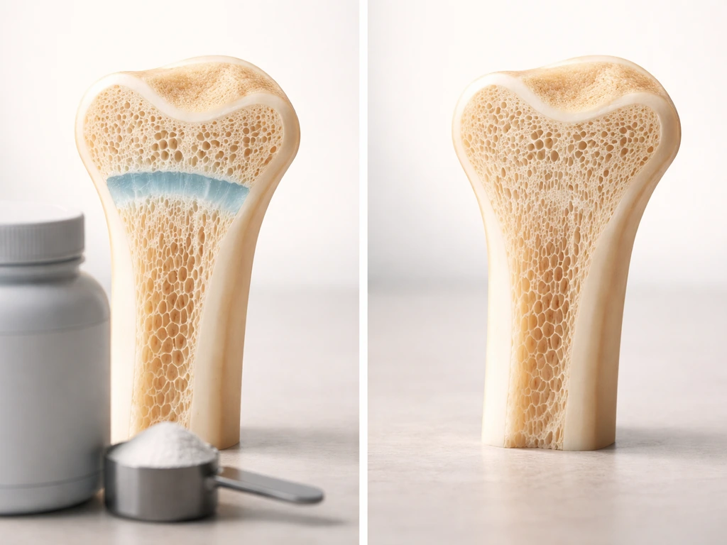 Creatine scoop beside a simplified long-bone cross-section concept showing growth plates, verdict-style.