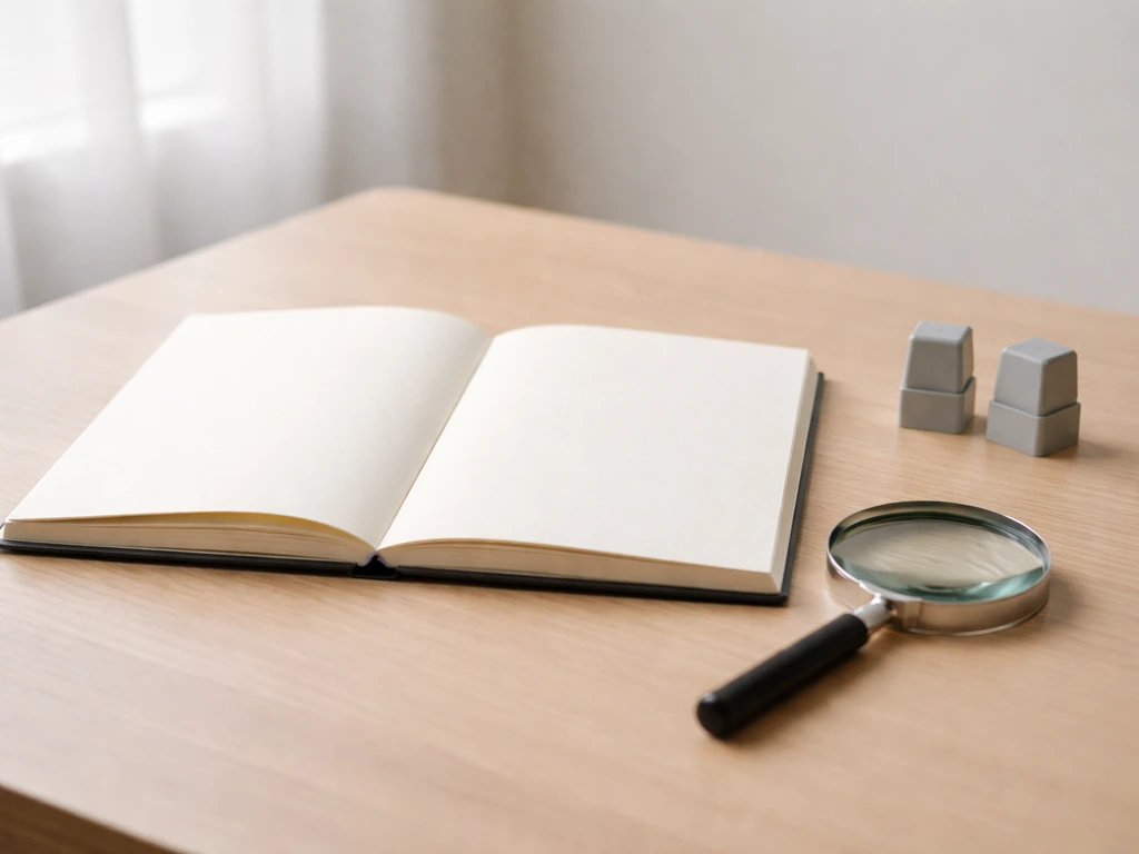 Close-up of a notebook and magnifying glass on a simple desk, suggesting limited research evidence.
