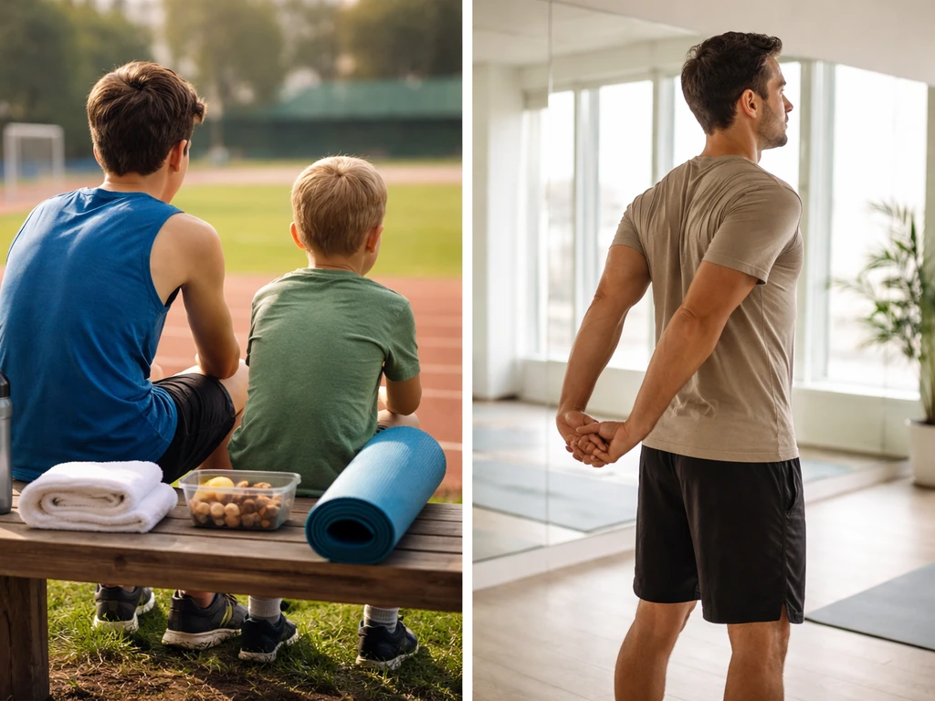 Split image: teens on a track bench with sleep/nutrition/exercise cues vs an adult stretching for posture.