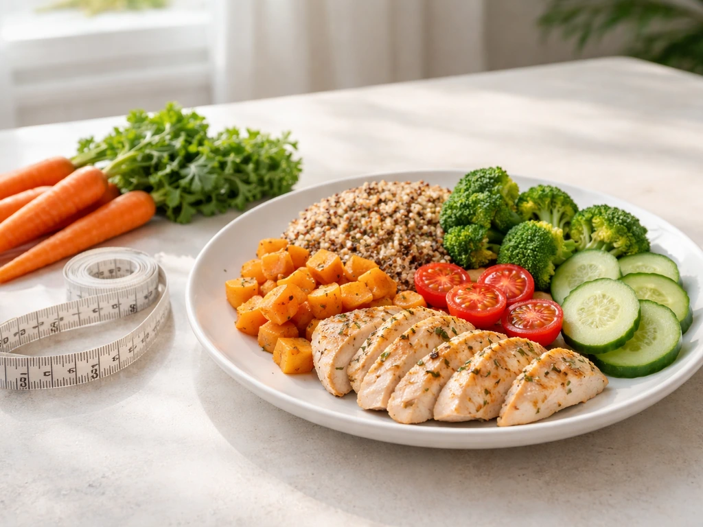 Balanced plate of wholesome foods with a measuring height tape next to fresh vegetables on a kitchen table.