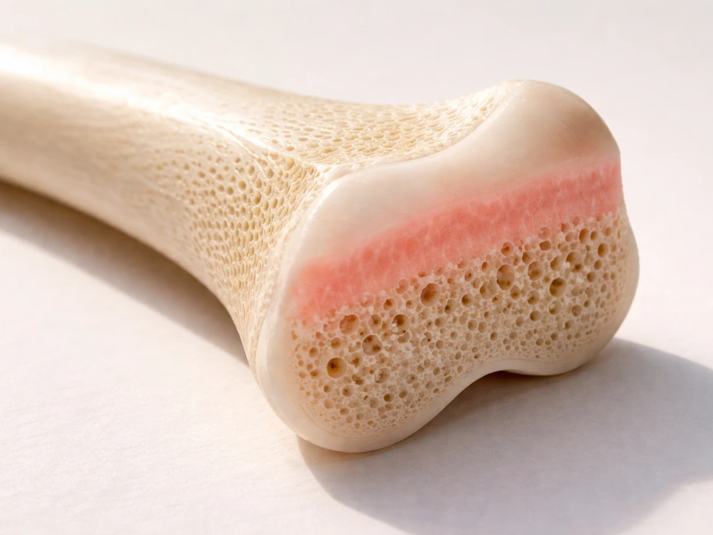 Close-up of a femur-like bone model showing a growth plate cartilage zone near the end.