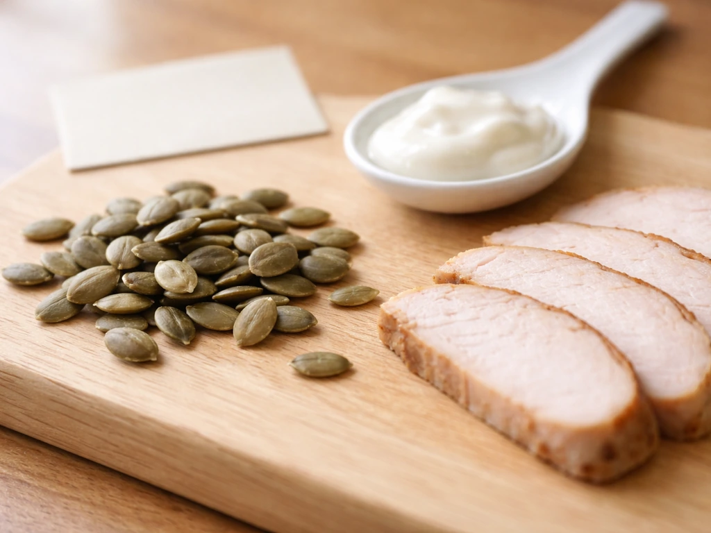Close-up of pumpkin seeds and zinc-rich foods on a wooden board in natural light.