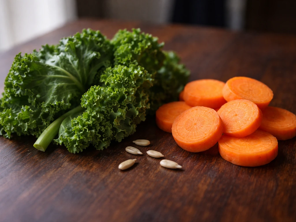 Close-up pairing of kale and carrots on a wooden table, with a few sunflower seeds.