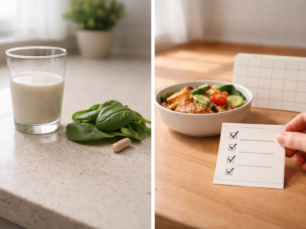 Minimal kitchen counter split: an empty milk glass and herbs beside a hand over a simple checklist card