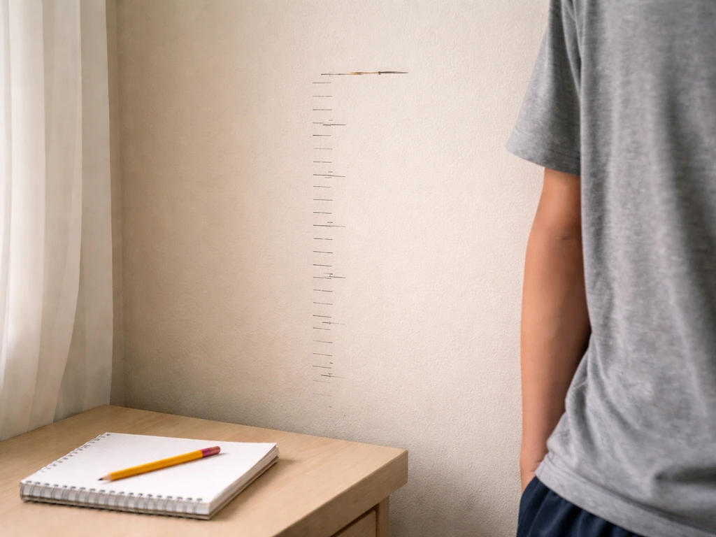 Cropped view of a teen’s wall height marks showing a growth plateau near the current height.