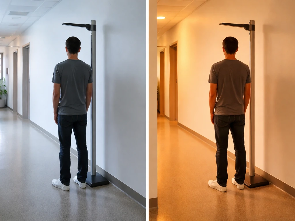 Two stadiometers in a clinic hallway with anonymous standing figures under cool vs warm light.