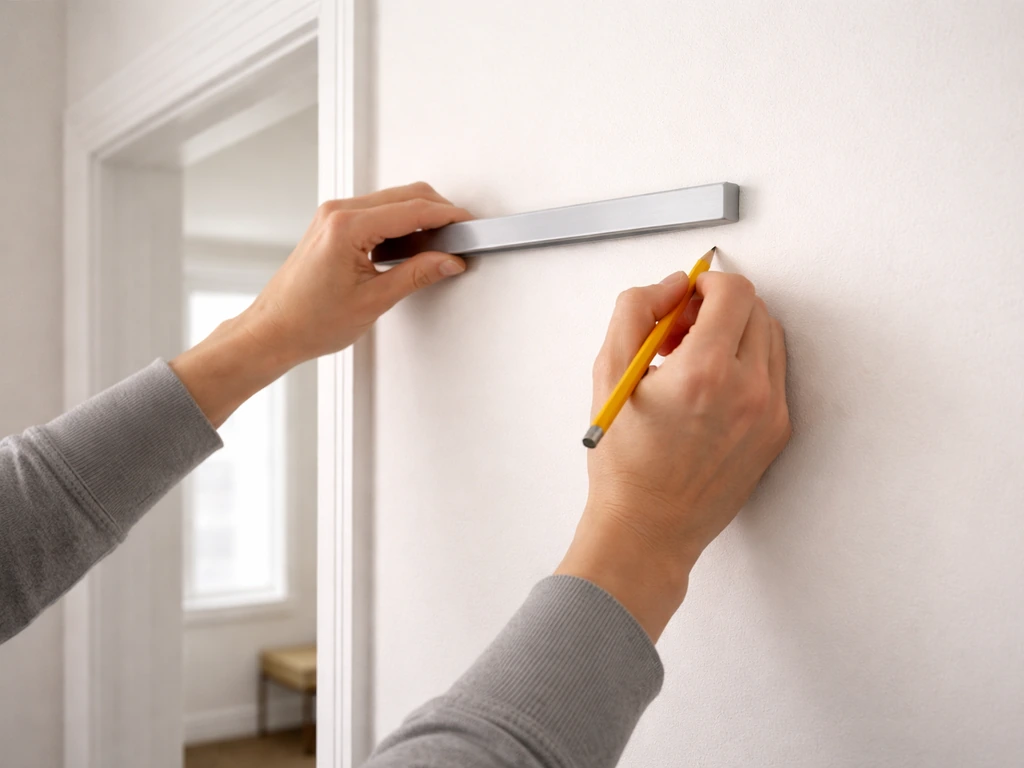 Hands using a flat measurement bar against a wall to measure standing height in a bright hallway