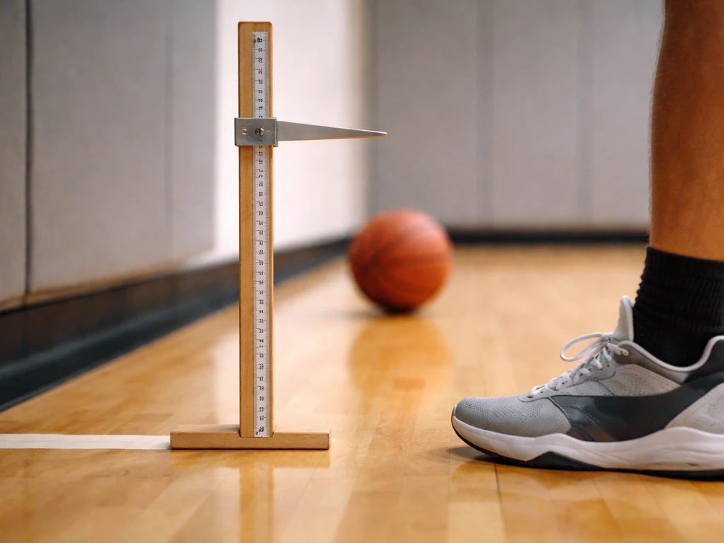 Close-up of a gym height-measuring stick with a basketball nearby, simple measurement scene.