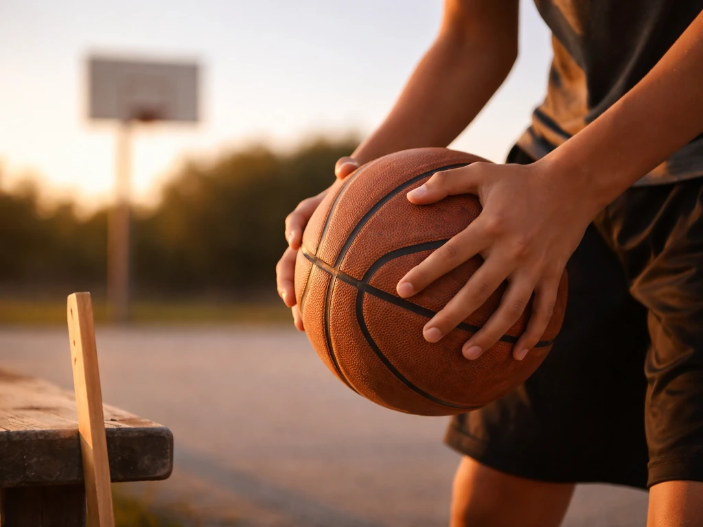 Anonymous basketball player gripping a ball on a court with a blank yardstick nearby, warm natural light.
