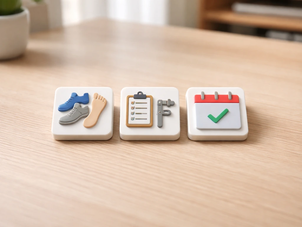 Minimal desk scene with three small verification icons for barefoot vs shoes, source type, and consistent year checks