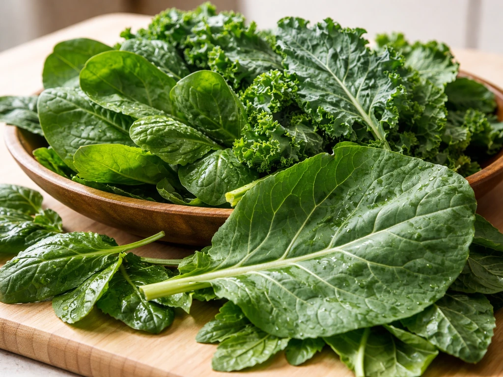 Close-up of dark leafy greens like spinach and kale on a cutting board, showing detailed textures