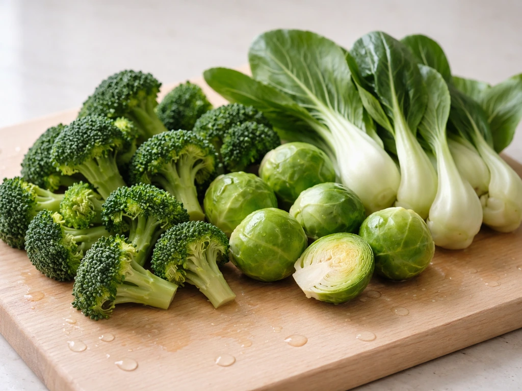 Fresh broccoli florets, Brussels sprouts, and bok choy stacked on a light cutting board in natural light.