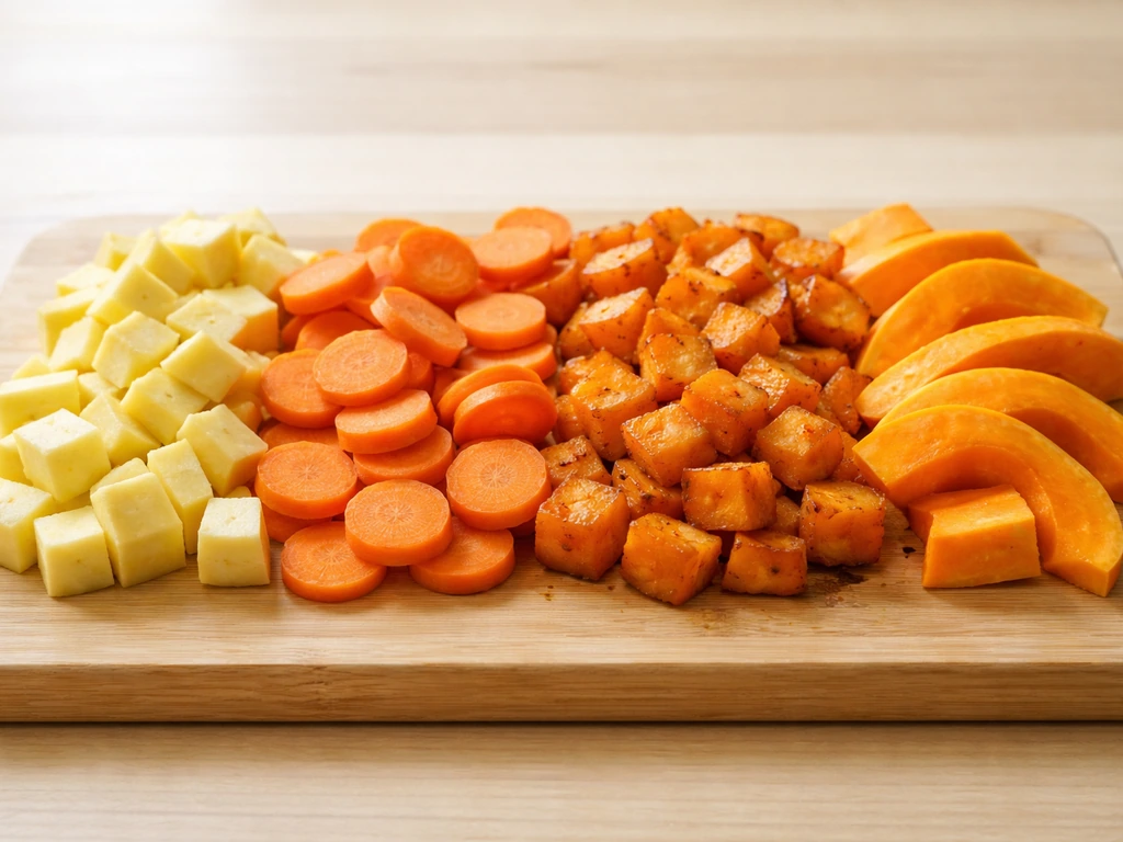Orange and yellow vegetables (carrots, sweet potatoes, squash) arranged on a wooden board in a color gradient.