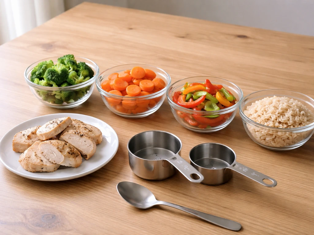 Measured bowls of vegetables with small sides of grains and protein on a light wooden table.