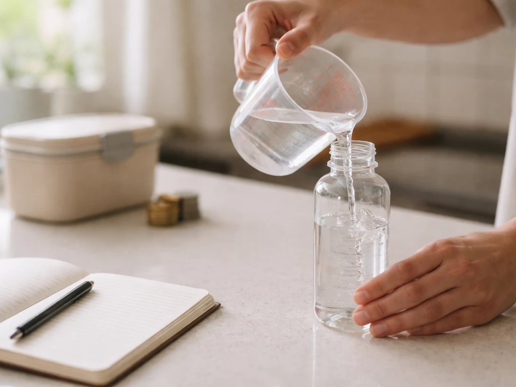 Anonymous hands filling a water bottle with a measuring cup to estimate daily intake.
