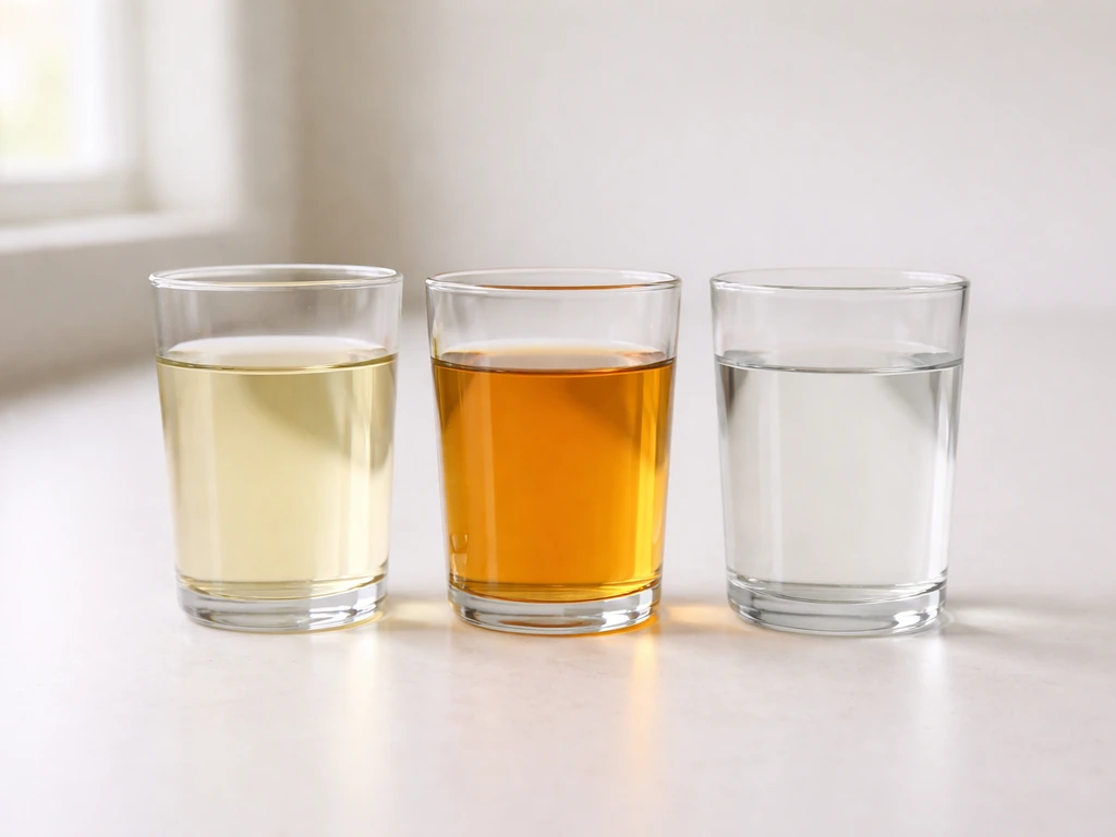 Three small color swatches of urine shades—pale straw, dark yellow/amber, and colorless—in clear liquids.
