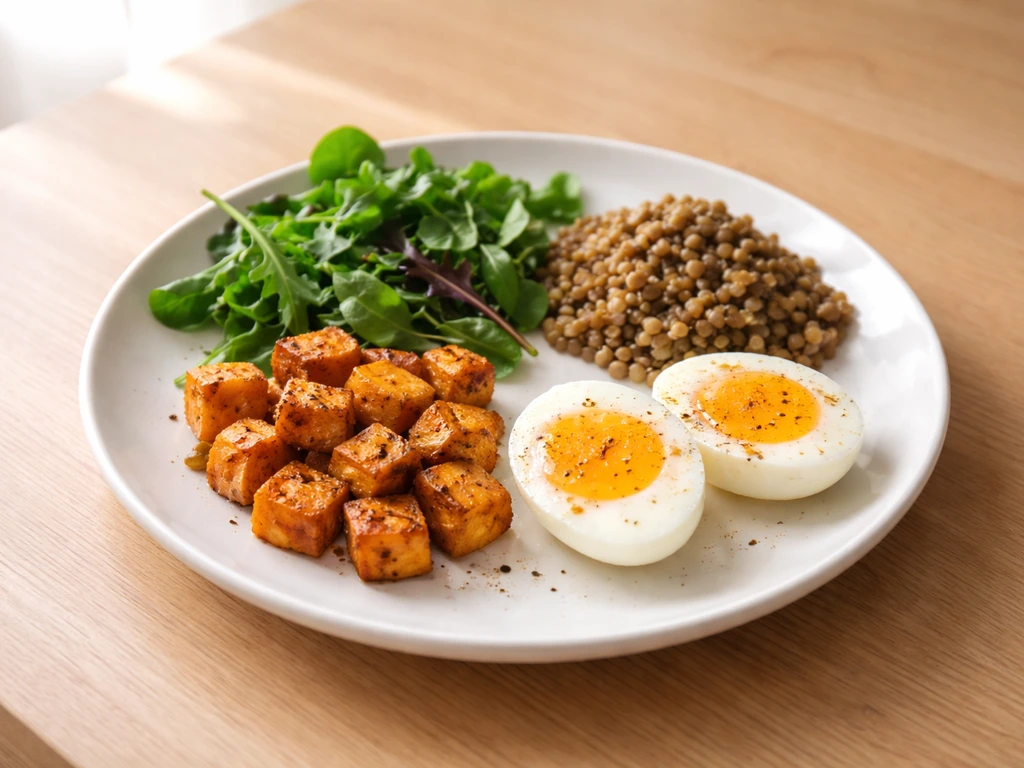 Minimal meal plate with leafy greens, roasted sweet potato, and eggs, suggesting vegetable nutrition for growth.