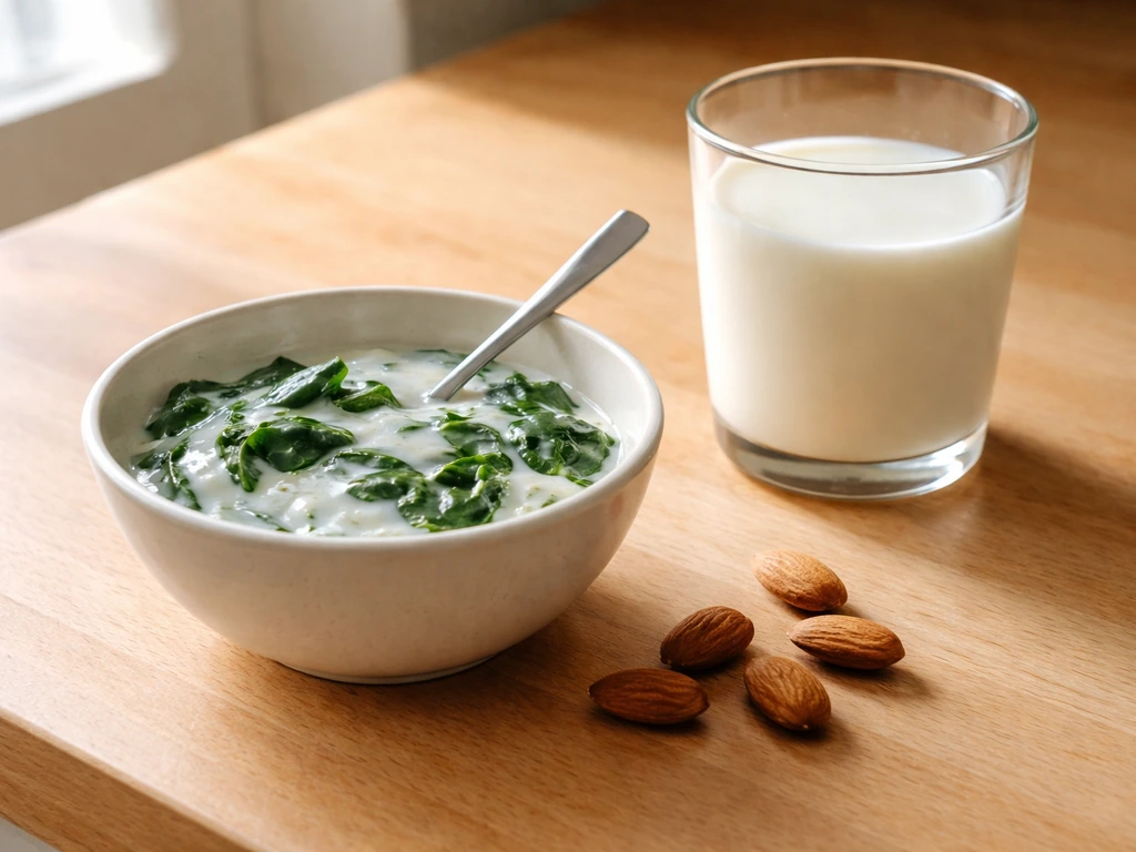 Yogurt with leafy greens and a glass of milk on a light wooden counter, softly lit.