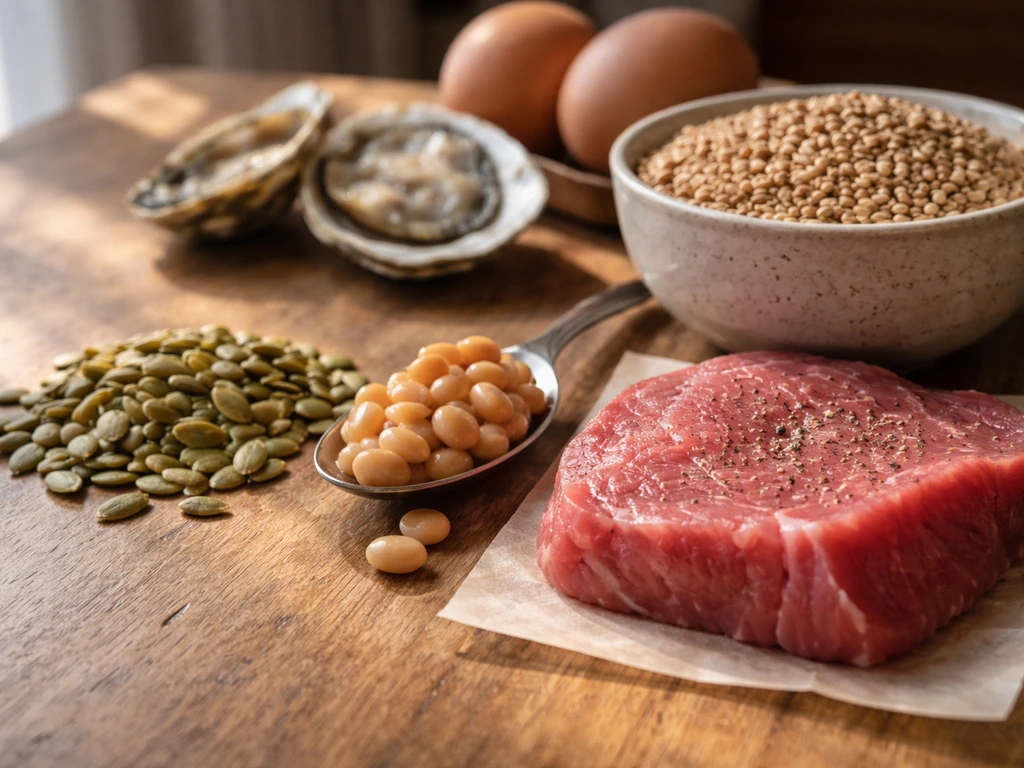 Neatly arranged zinc-rich foods—pumpkin seeds, beans, lean meat, and whole grains—on a wooden table.